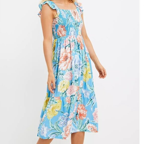 LOFT Dresses & Skirts - Loft Garden Smocked Ruffle Midi Dress Women's S